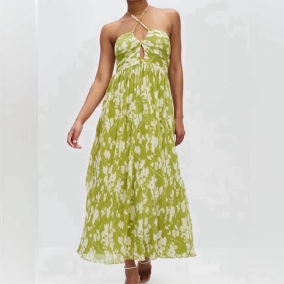 Abercrombie & Fitch Medium Green Floral Pleated Halter Maxi Dress - Picture 6 of 6